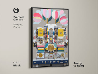 Black framed canvas of surreal machine art print. This steampunk abstract canvas wall artwork is ready to hang. Floating frame showcasing the yellow teal design. The mechanical floral artwork brings an eclectic touch to any space. Perfect as office industrial art or a unique housewarming gift for art lovers.