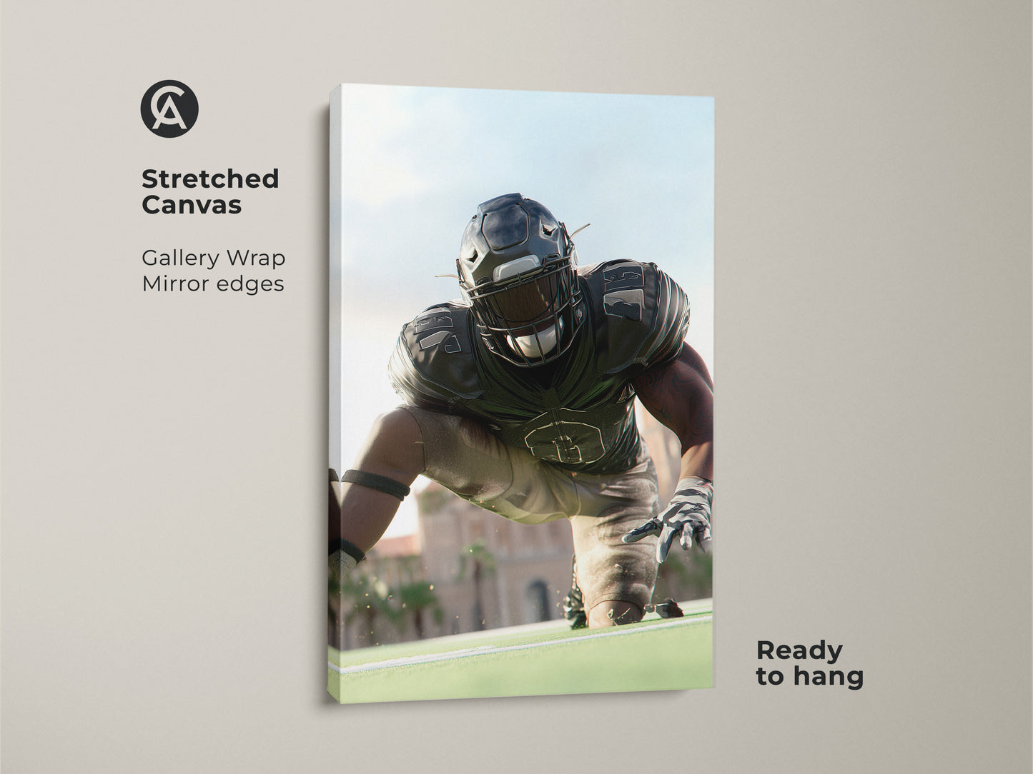 Stretched Canvas of an American Football Player. This gallery wrap showcases the artwork with mirrored edges. Ready to hang this canvas adds energy to any room. The realistic sports artwork is perfect for a man cave or office. A great gift for football lovers and sports fans.
