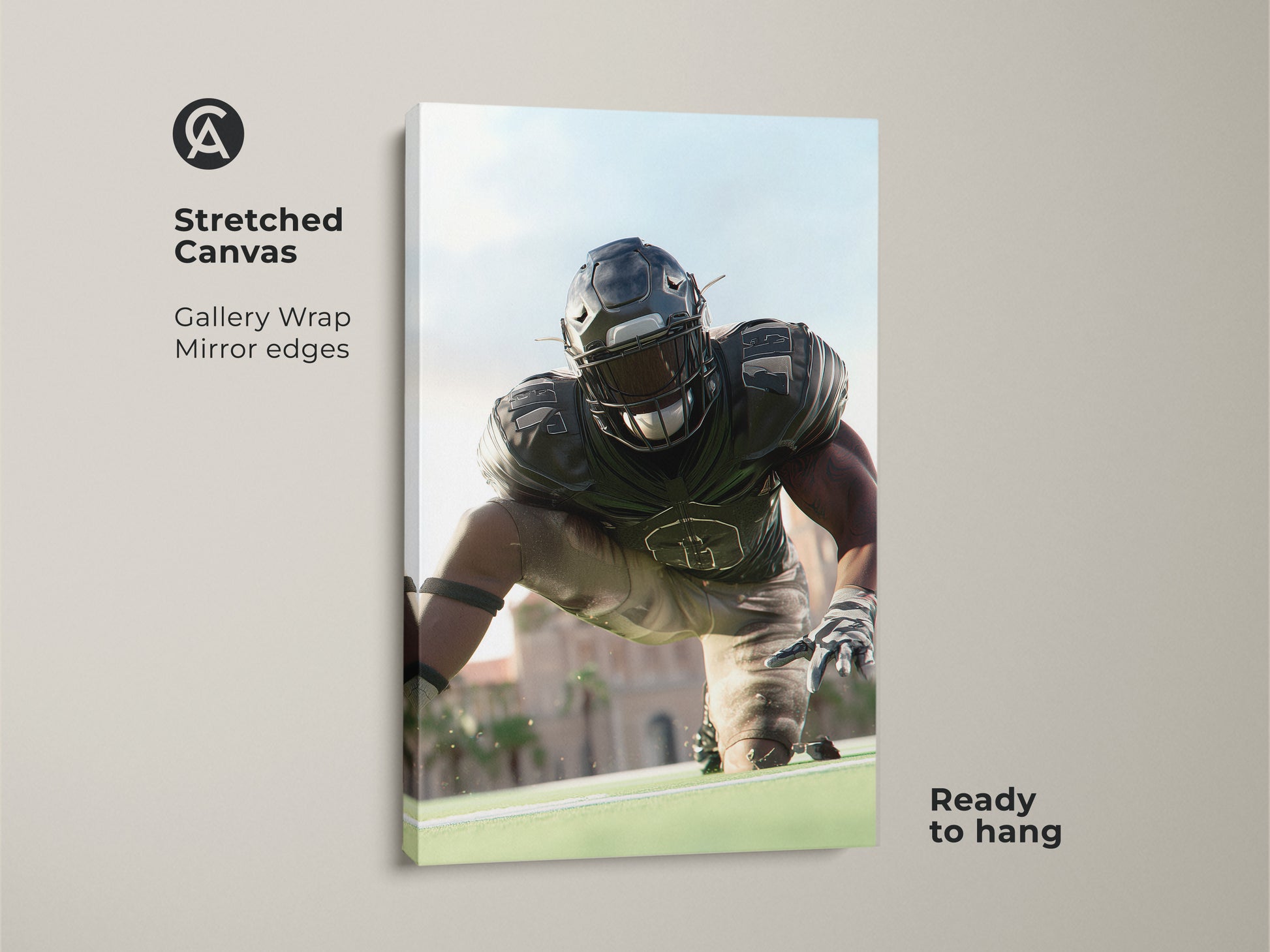 Stretched Canvas of an American Football Player. This gallery wrap showcases the artwork with mirrored edges. Ready to hang this canvas adds energy to any room. The realistic sports artwork is perfect for a man cave or office. A great gift for football lovers and sports fans.