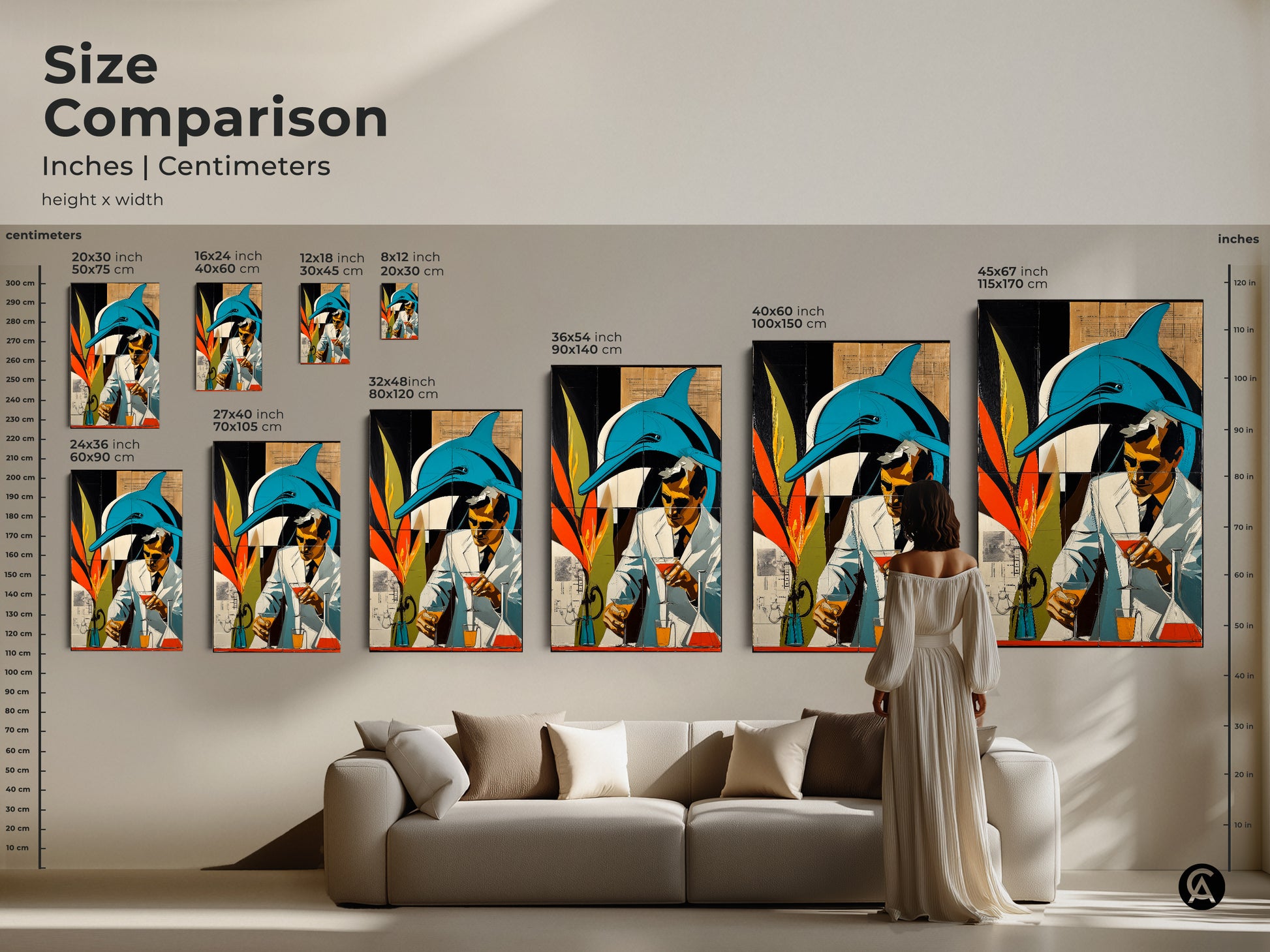 Size comparison photo of inches | centimeters of artwork. It features a surreal blend of retro futurism and marine life featuring a dolphin and a scientist. The canvas and poster artwork comes in a variety of sizes to fill your space for your art needs.