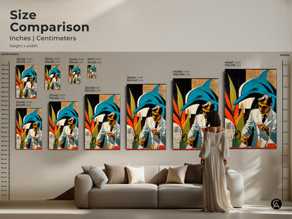 Size comparison photo of inches | centimeters of artwork. It features a surreal blend of retro futurism and marine life featuring a dolphin and a scientist. The canvas and poster artwork comes in a variety of sizes to fill your space for your art needs.