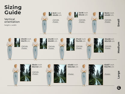 Sizing guide showing vertical orientations for canvas and poster prints. Choose from small medium and large sizes. Each features the deep green pine forest path artwork. Perfect for any space.