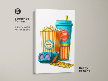 Stretched canvas displaying retro popcorn art print. Movie theater canvas art shows popcorn soda and 3D glasses. Eclectic home theater decor perfect for film lovers. Teal orange pop art offers cinema nostalgia for a unique gift idea.