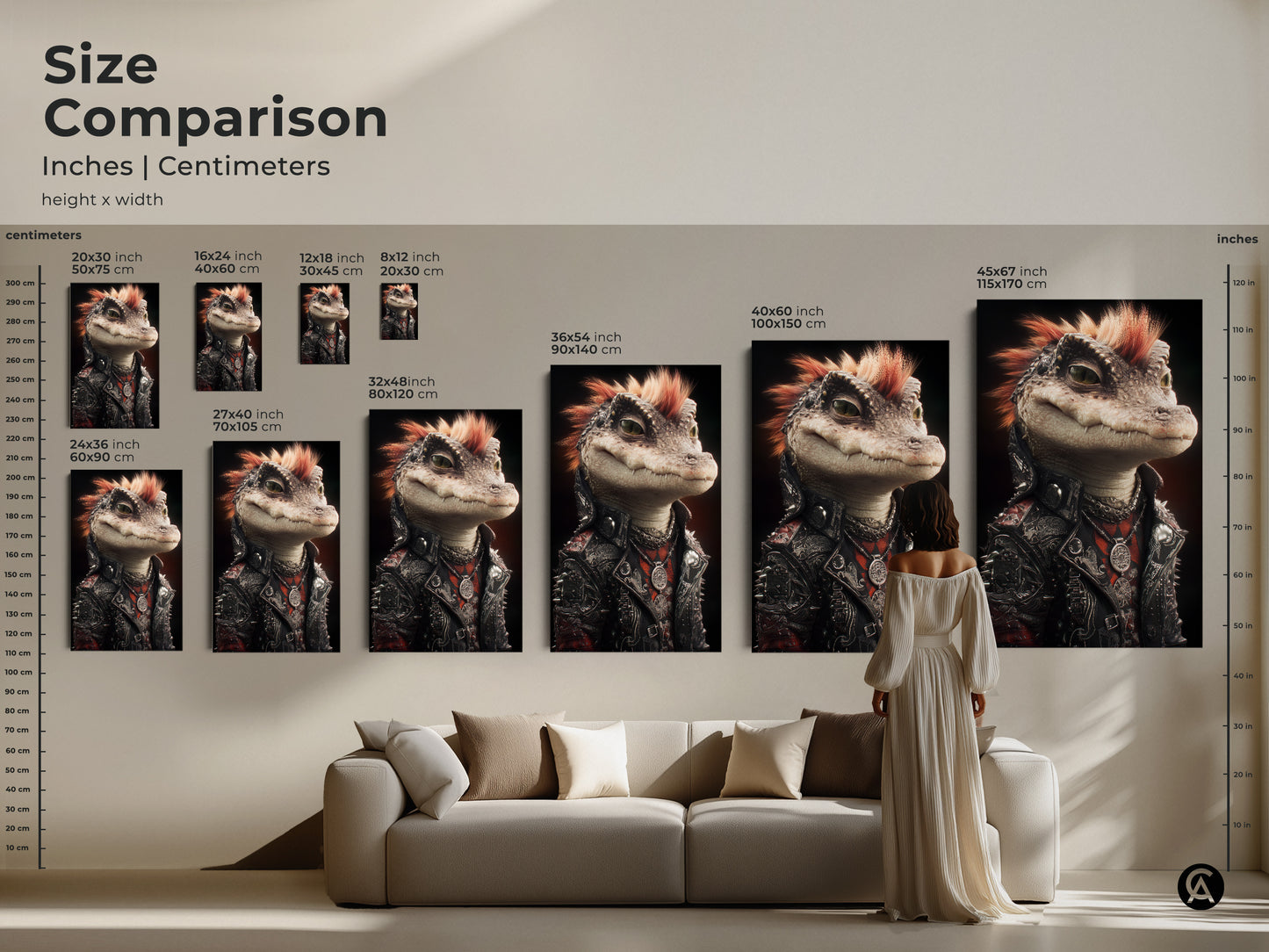 Size comparison featuring punk alligator artwork. Artwork sizes range from small to large. Options include 20x30 to 45x67 inches. Perfect gothic reptile wall art for a man cave. Get unique rocker gift ideas and music fan wall decor.
