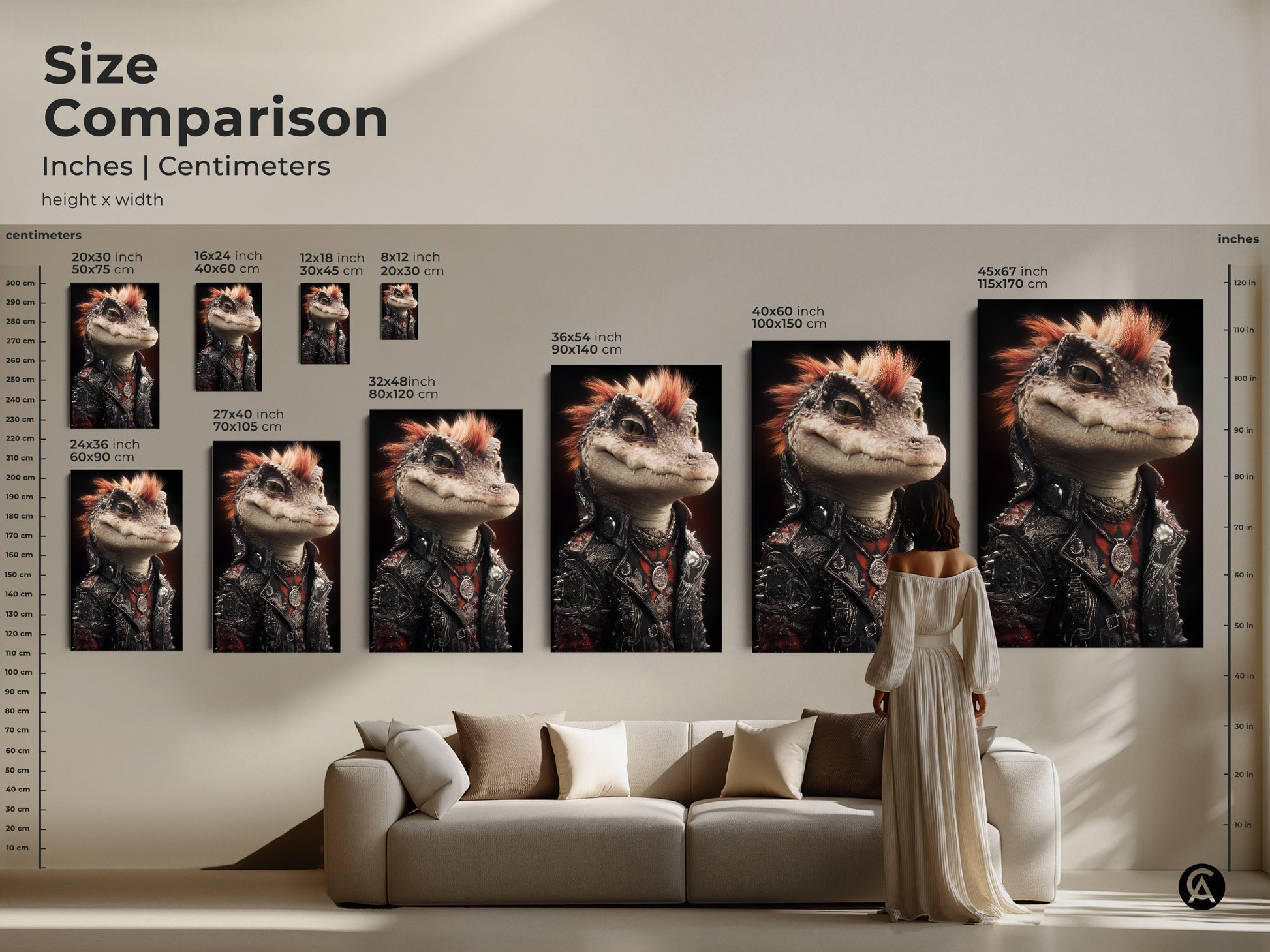 Size comparison featuring punk alligator artwork. Artwork sizes range from small to large. Options include 20x30 to 45x67 inches. Perfect gothic reptile wall art for a man cave. Get unique rocker gift ideas and music fan wall decor.