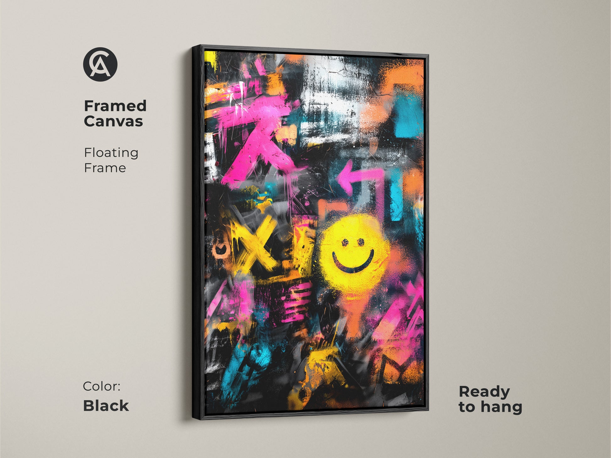 Framed Canvas with Floating Frame in Black Color. Graffiti art featuring a bright yellow smiley face. This artwork is ready to hang. It adds an urban touch to any room or office space.