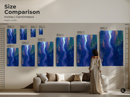 Size comparison of abstract fluid art prints in inches and centimeters. See how deep blue purple canvas art fits above a sofa. Ideal for modern living room decor. Find the perfect size for your space today.
