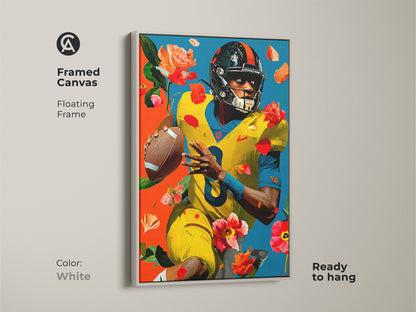 Framed canvas in white showcases american football art. This blends modern yellow and blue floral elements. The sports decor is ready to hang with a floating frame. Its perfect for enhancing any space. The canvas makes a great gift for sports enthusiasts.