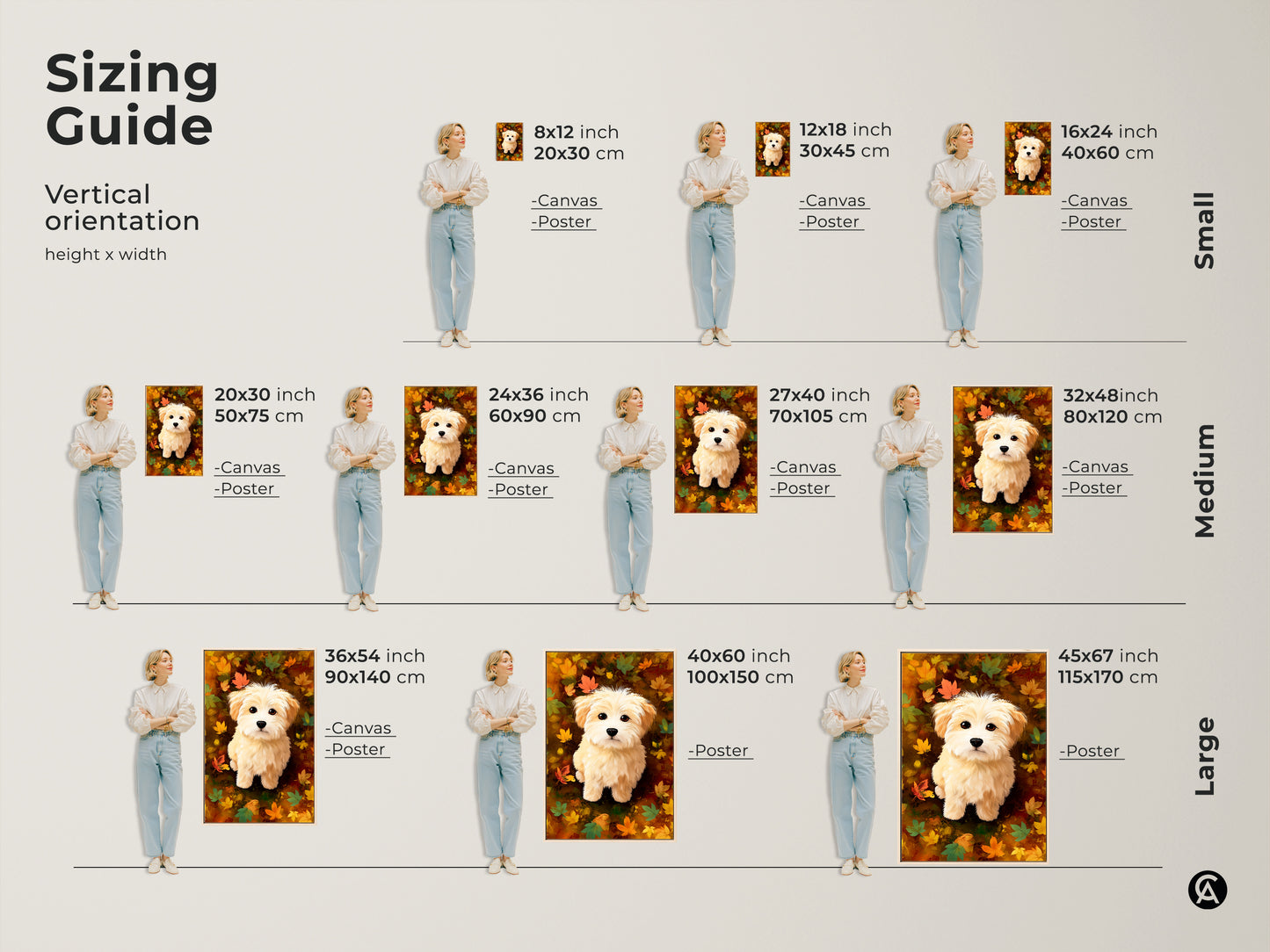 Sizing guide for vertical maltipoo puppy canvas and poster prints. Visualize small medium and large sizes. Find the perfect fit for your space with our diverse art dimensions.