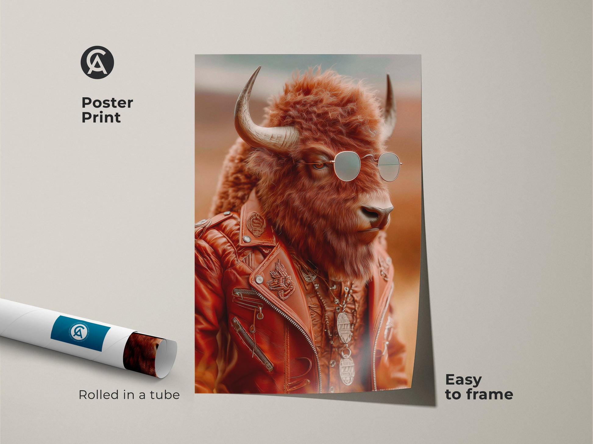 Poster art print of a cool bison. The bison is wearing a retro leather jacket and sunglasses. Rolled and easy to frame this unique animal artwork is ideal for adding a touch of rustic charm to any space.