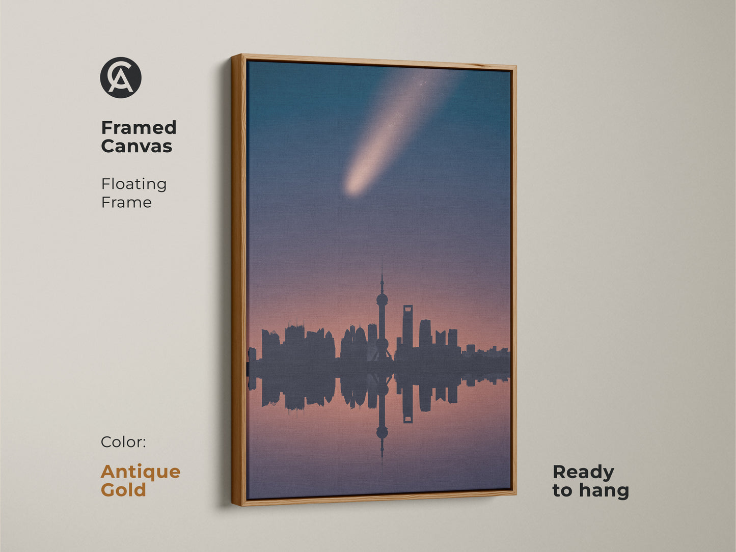 Antique gold framed canvas art of Shanghai's skyline under a comet. This minimalist space artwork is ready to hang. The navy pink teal cityscape print brings contemporary elegance and wanderlust to your decor.