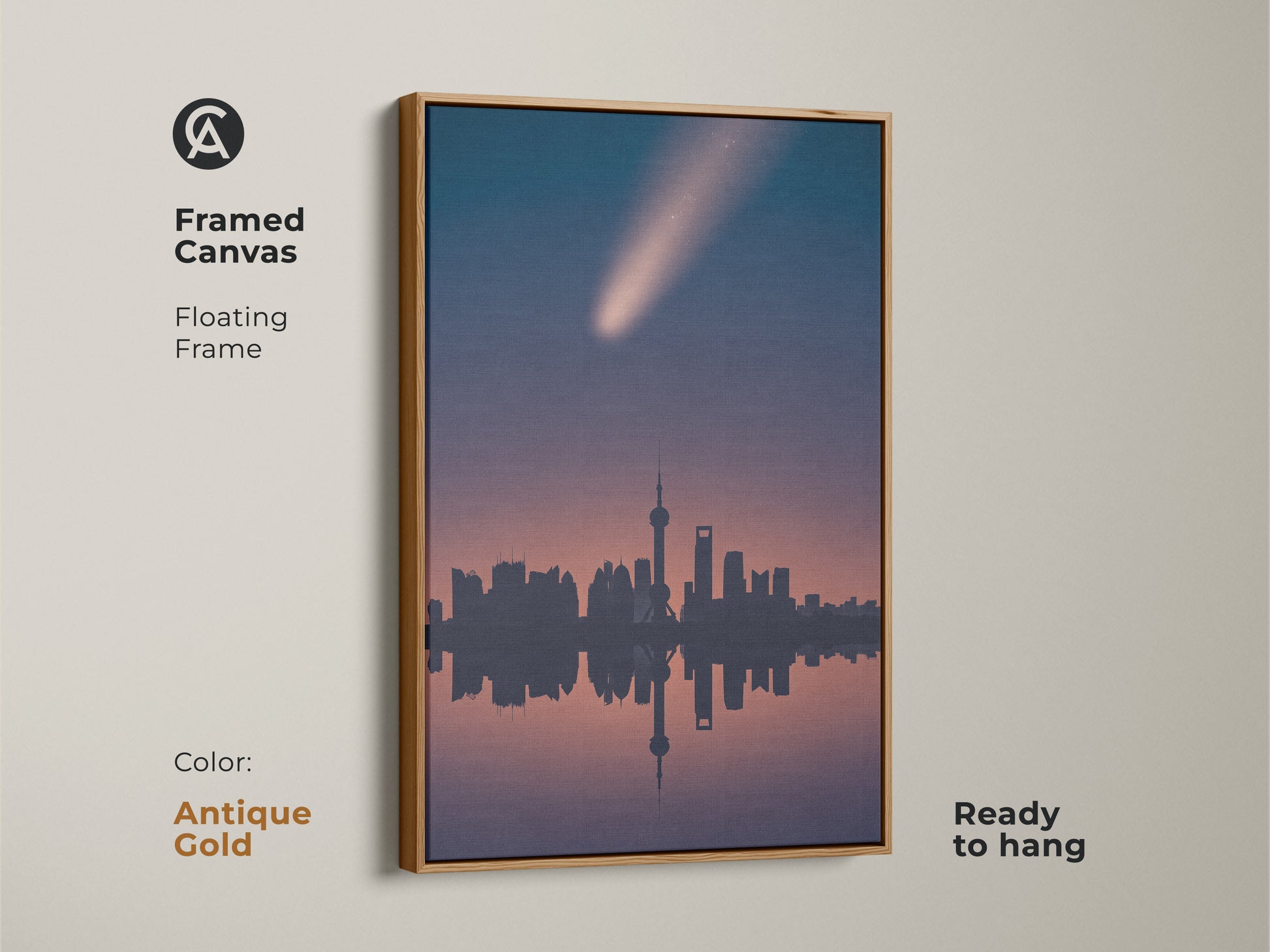 Antique gold framed canvas art of Shanghai's skyline under a comet. This minimalist space artwork is ready to hang. The navy pink teal cityscape print brings contemporary elegance and wanderlust to your decor.