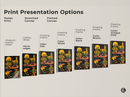 Explore print presentation options with this Italian sunflowers wine cafe art. Choose from poster prints stretched canvas and framed canvas. Each style highlights the eclectic modern folk art aesthetic perfect for any decor.