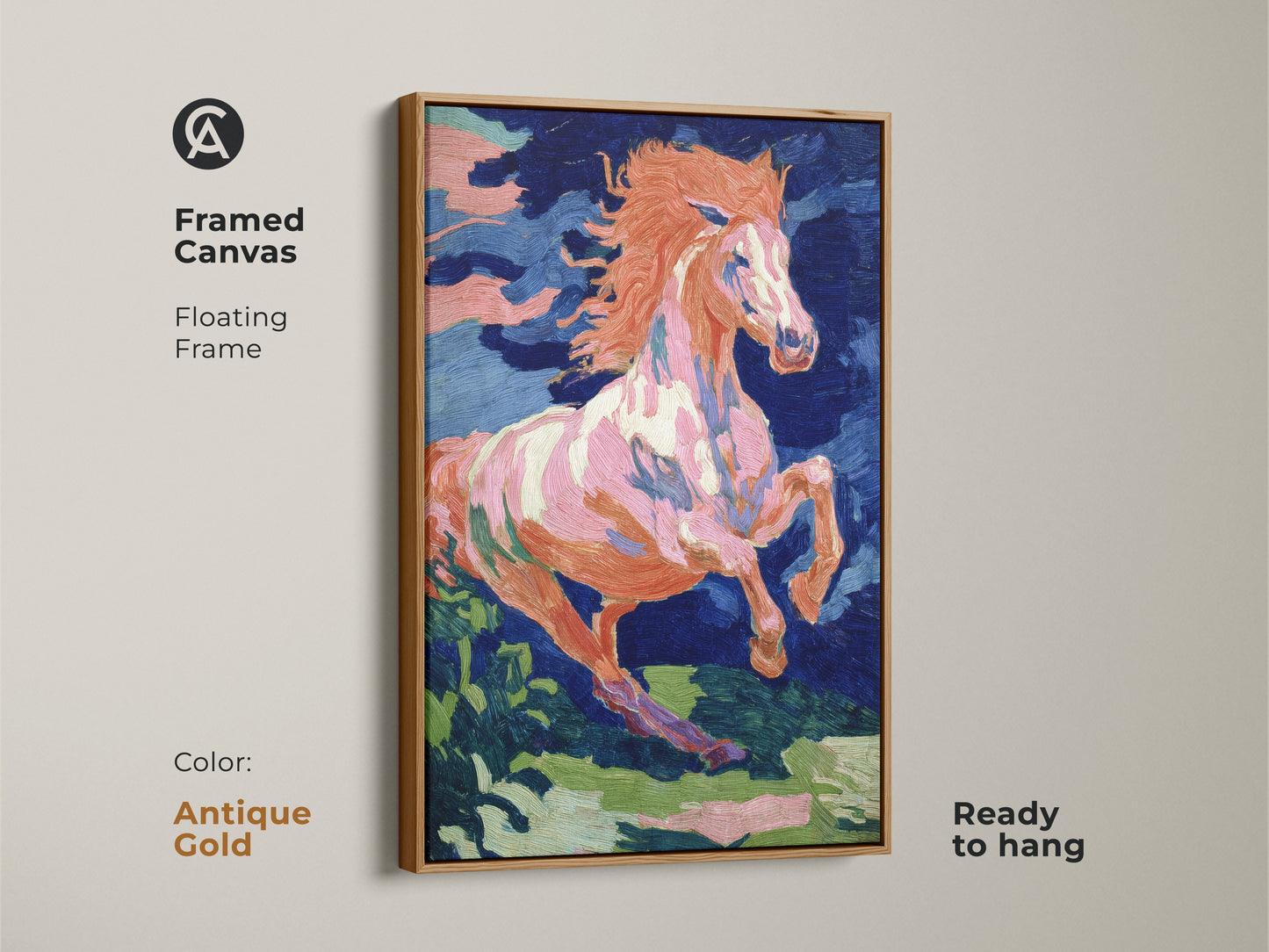 Framed canvas of an expressive horse with an antique gold floating frame. The vibrant orange pink and blue hues add a touch of elegance. This animal art is ready to hang. It's a unique piece of equestrian wall art for eclectic decor.