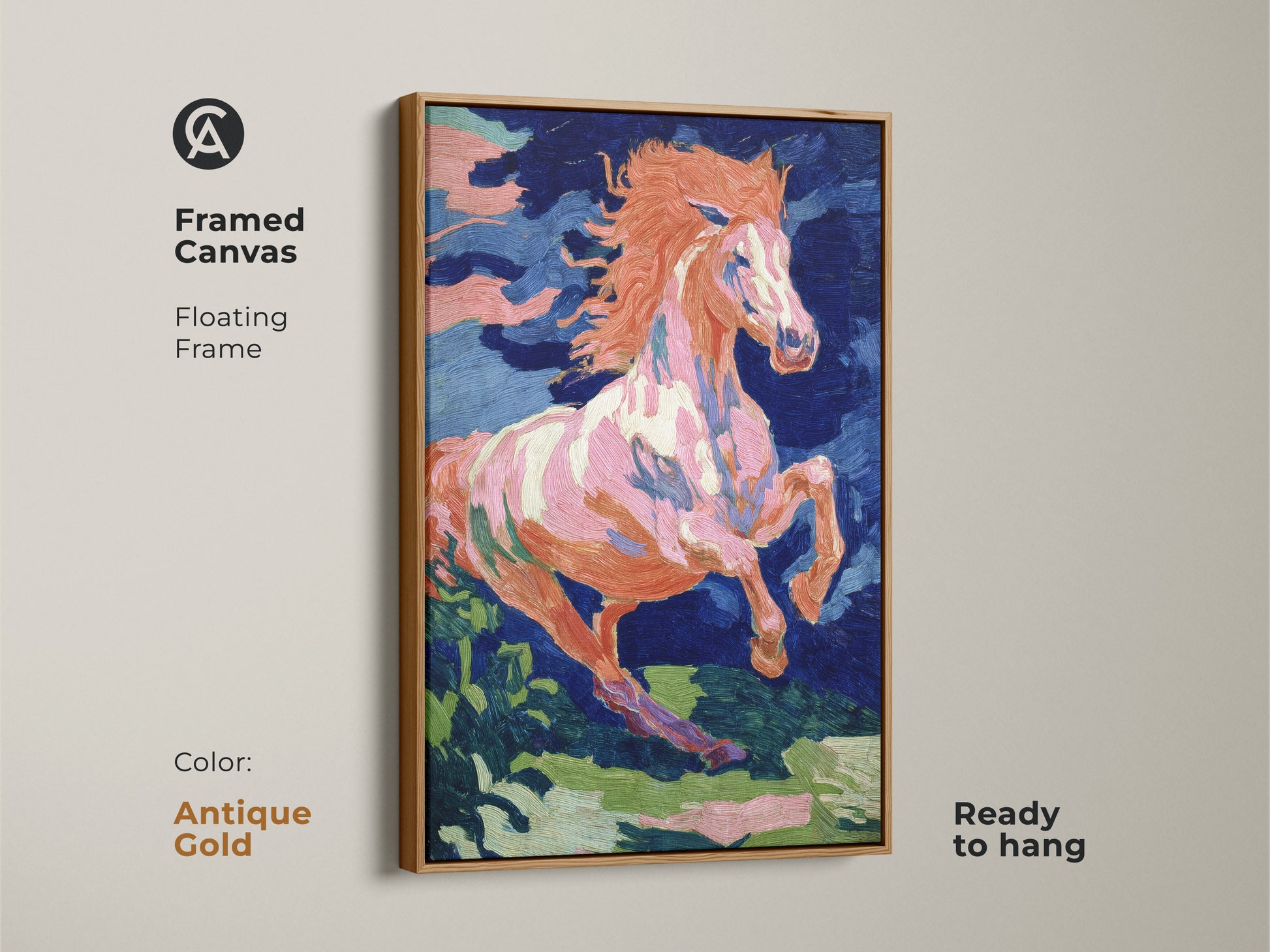 Framed canvas of an expressive horse with an antique gold floating frame. The vibrant orange pink and blue hues add a touch of elegance. This animal art is ready to hang. It's a unique piece of equestrian wall art for eclectic decor.