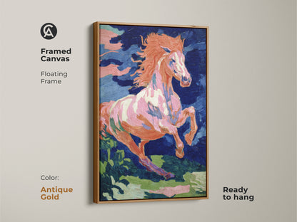 Framed canvas of an expressive horse with an antique gold floating frame. The vibrant orange pink and blue hues add a touch of elegance. This animal art is ready to hang. It's a unique piece of equestrian wall art for eclectic decor.