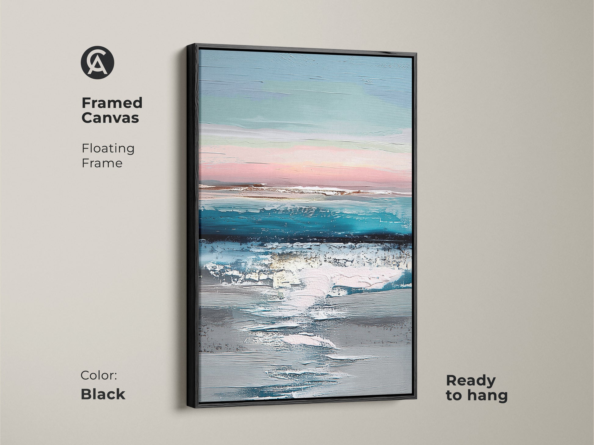 Framed canvas with black floating frame showcasing abstract seascape art. This ready-to-hang teal blue and pink artwork enhances bedroom decor. The contemporary coastal landscape print adds a modern touch. Perfect for adding calming abstract art to any space.