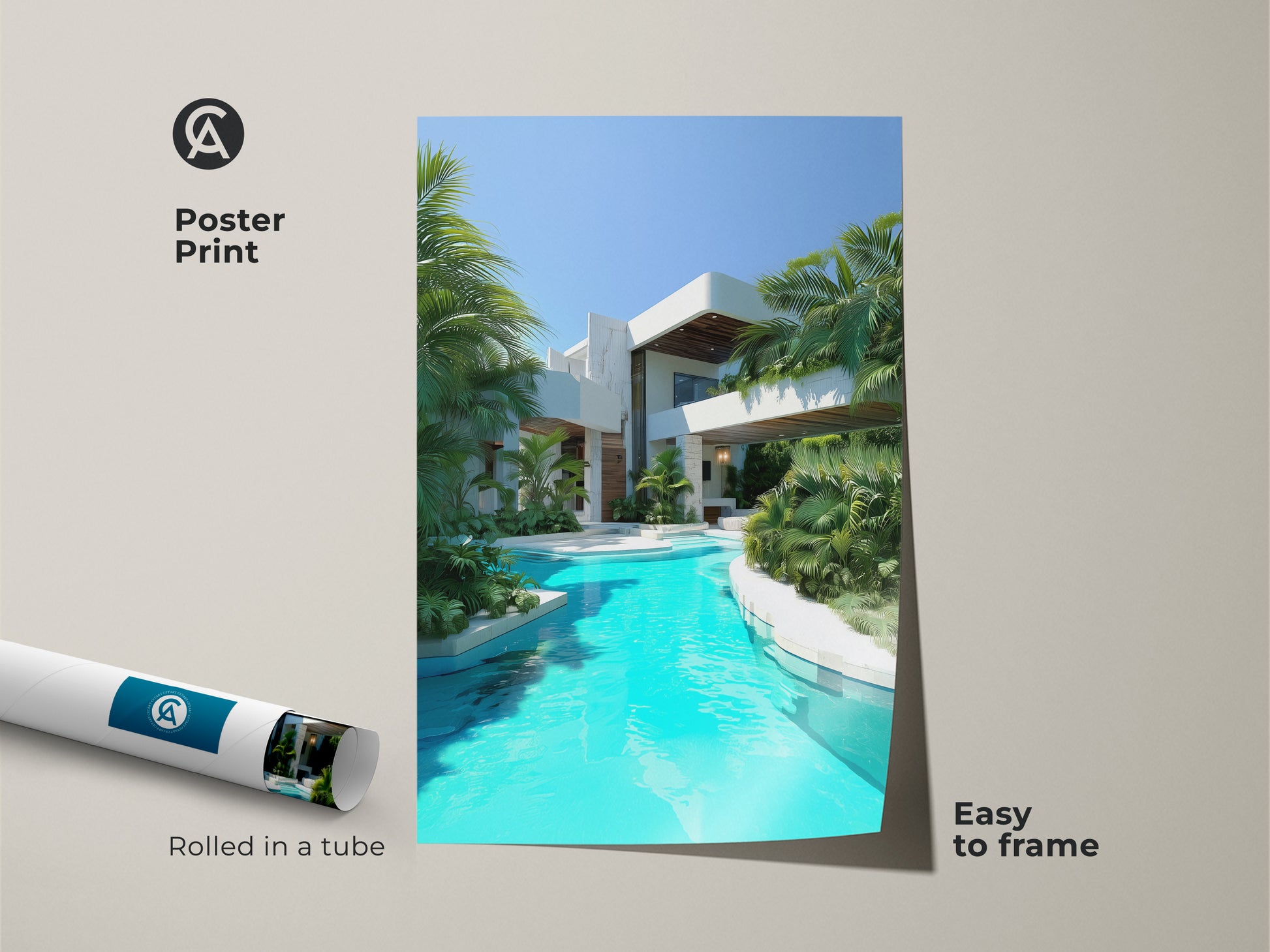 Enjoy this modern villa poster print featuring a turquoise pool and palm trees. The contemporary architecture is easy to frame. This tropical architecture print adds a touch of luxury to any space. Perfect for modern minimalist and tropical decor styles.