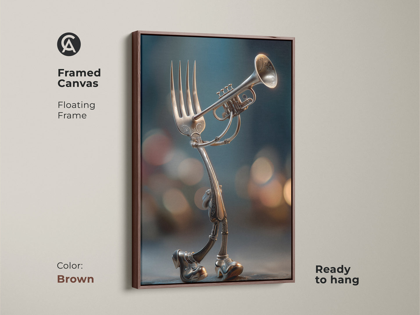 Framed canvas art features a fork with legs playing a trumpet. This floating frame is in brown. The artwork is ready to hang. It brings a whimsical touch to any space. Shop now for unique home decor.