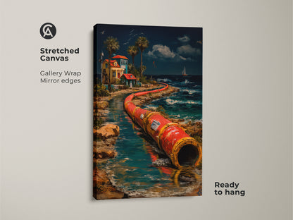 A surreal seascape canvas print. This industrial pipeline wall art features gallery wrapped mirror edges. The coastal home decor art displays red orange teal artwork ready to hang. It is perfect as office wall art or a housewarming gift.