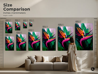 Size comparison of Bird of Paradise artwork in inches and centimeters. Visualize how the tropical leaves wall art fits above a sofa. Discover various sizes for your boho inspired space.