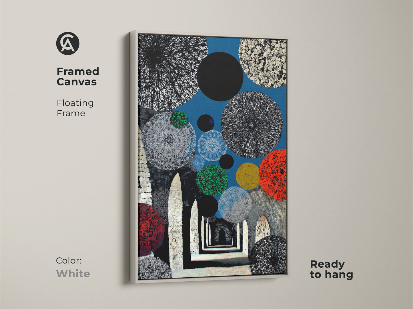 This abstract geometric wall art is framed and ready to hang. It's a contemporary archway art with blue red circles on canvas. The surrealism artwork canvas brings eclectic home decor to any space. The white floating frame enhances the artwork. Its perfect as office wall art.