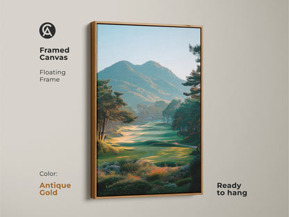 Framed canvas artwork featuring a serene golf course landscape. The floating frame is antique gold and the art is ready to hang. The artwork captures the beauty of the green with mountains in the background. Great golf art for enthusiasts.