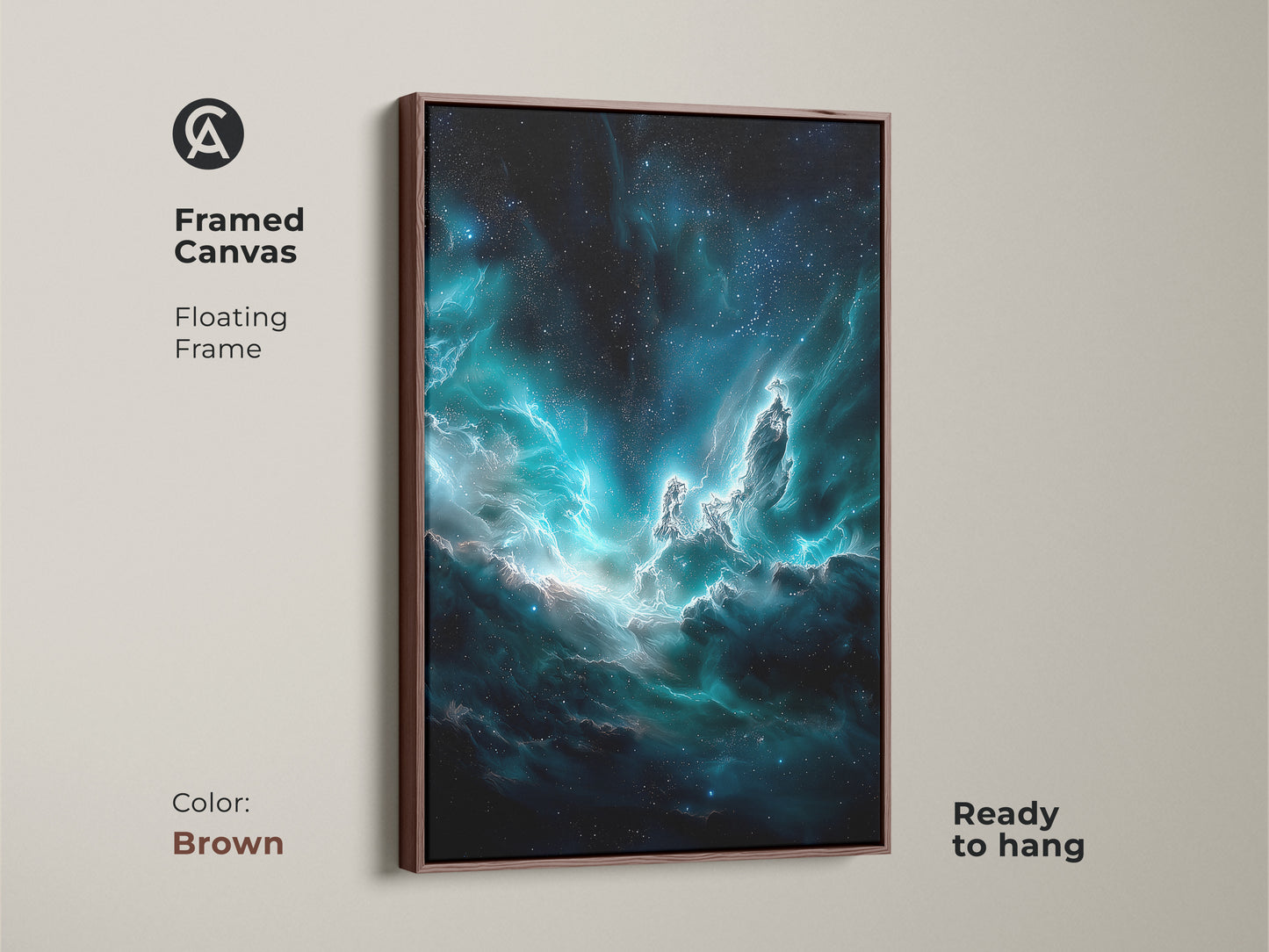Framed in brown this canvas art showcases a teal galaxy wall. The floating frame enhances the deep blue nebula and cosmic dust details. This celestial artwork is ready to hang. It creates a contemporary space art experience. It's perfect for a home office.