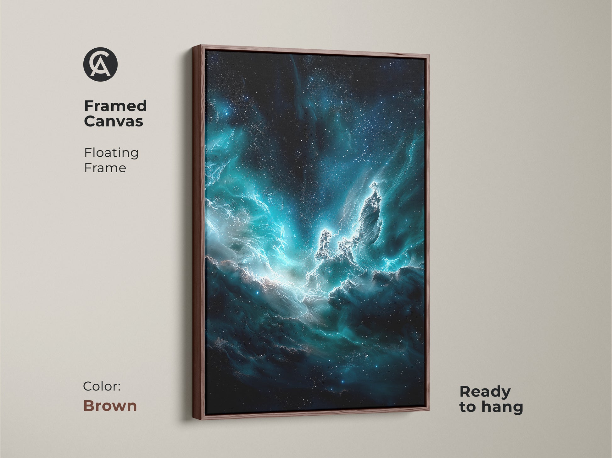 Framed in brown this canvas art showcases a teal galaxy wall. The floating frame enhances the deep blue nebula and cosmic dust details. This celestial artwork is ready to hang. It creates a contemporary space art experience. It's perfect for a home office.