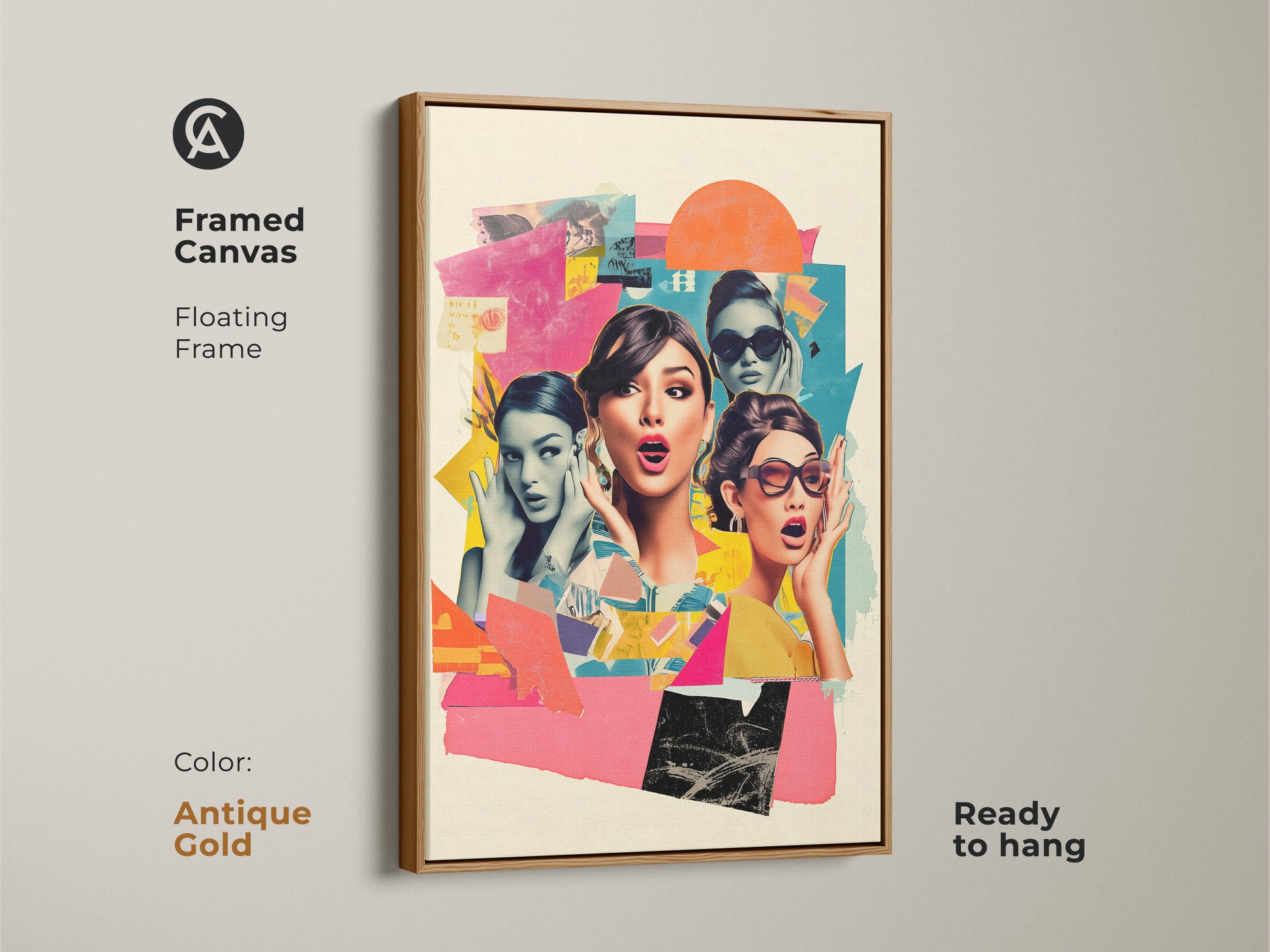 Framed canvas with an antique gold floating frame displaying retro pop art. It features surprised women in a vibrant collage. Ready to hang this eclectic home decor art is a chic fashion artwork.