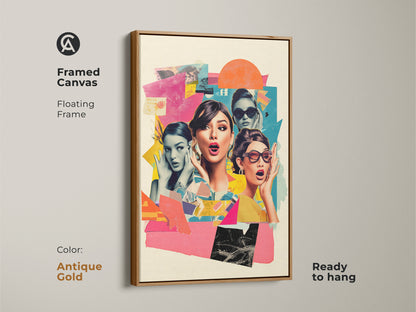 Framed canvas with an antique gold floating frame displaying retro pop art. It features surprised women in a vibrant collage. Ready to hang this eclectic home decor art is a chic fashion artwork.