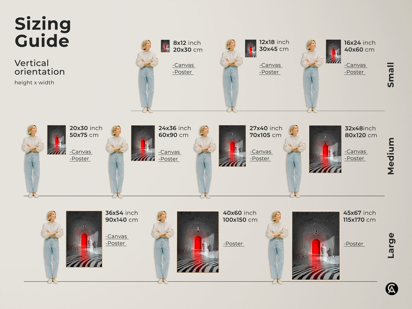 Sizing guide for the optical illusion art. Visualize the artwork in various sizes. From small to large. This red door and zebra stripe tunnel art will transform any room.
