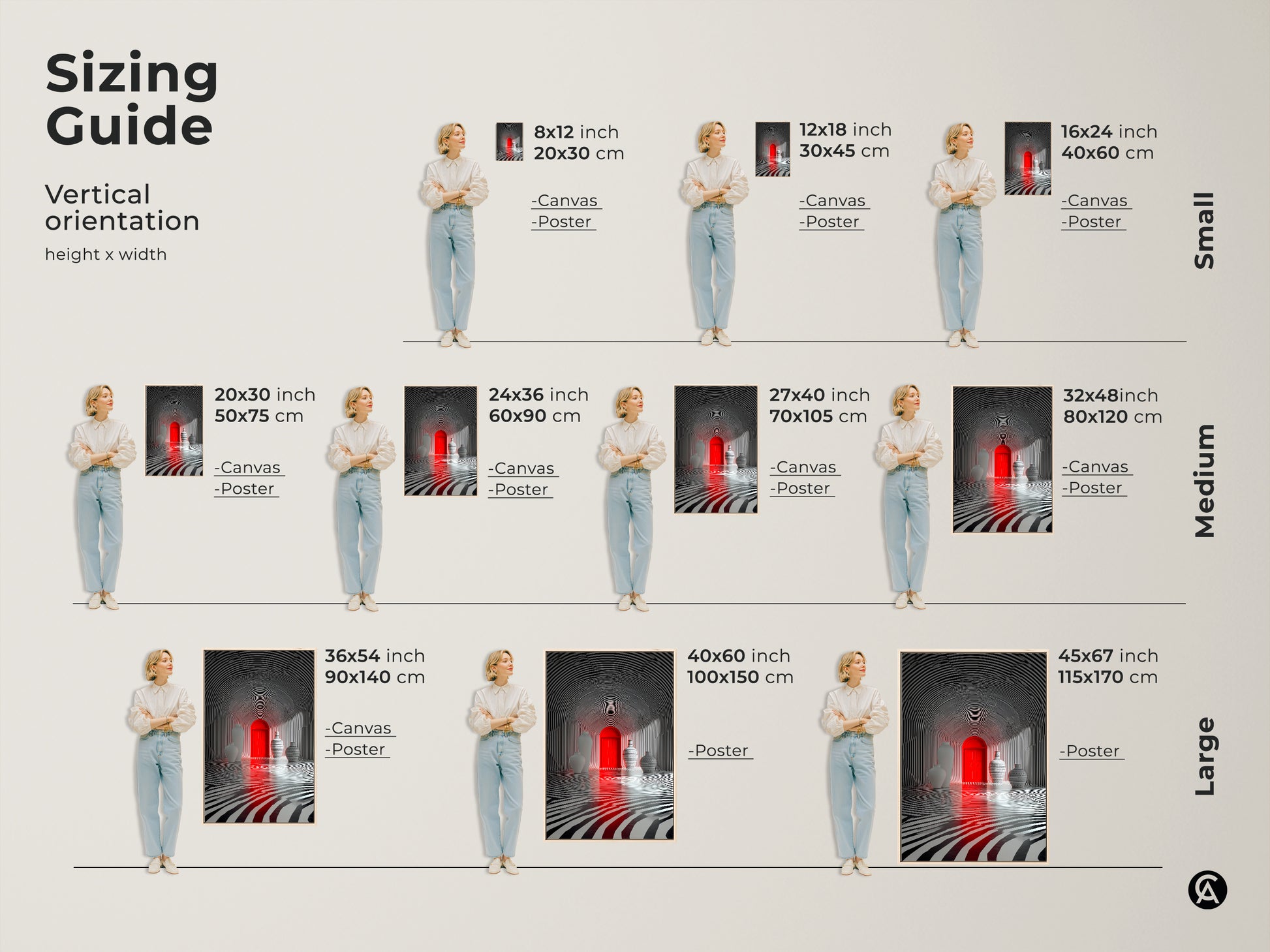 Sizing guide for the optical illusion art. Visualize the artwork in various sizes. From small to large. This red door and zebra stripe tunnel art will transform any room.
