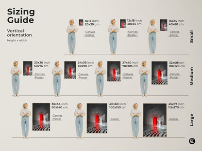 Sizing guide for the optical illusion art. Visualize the artwork in various sizes. From small to large. This red door and zebra stripe tunnel art will transform any room.