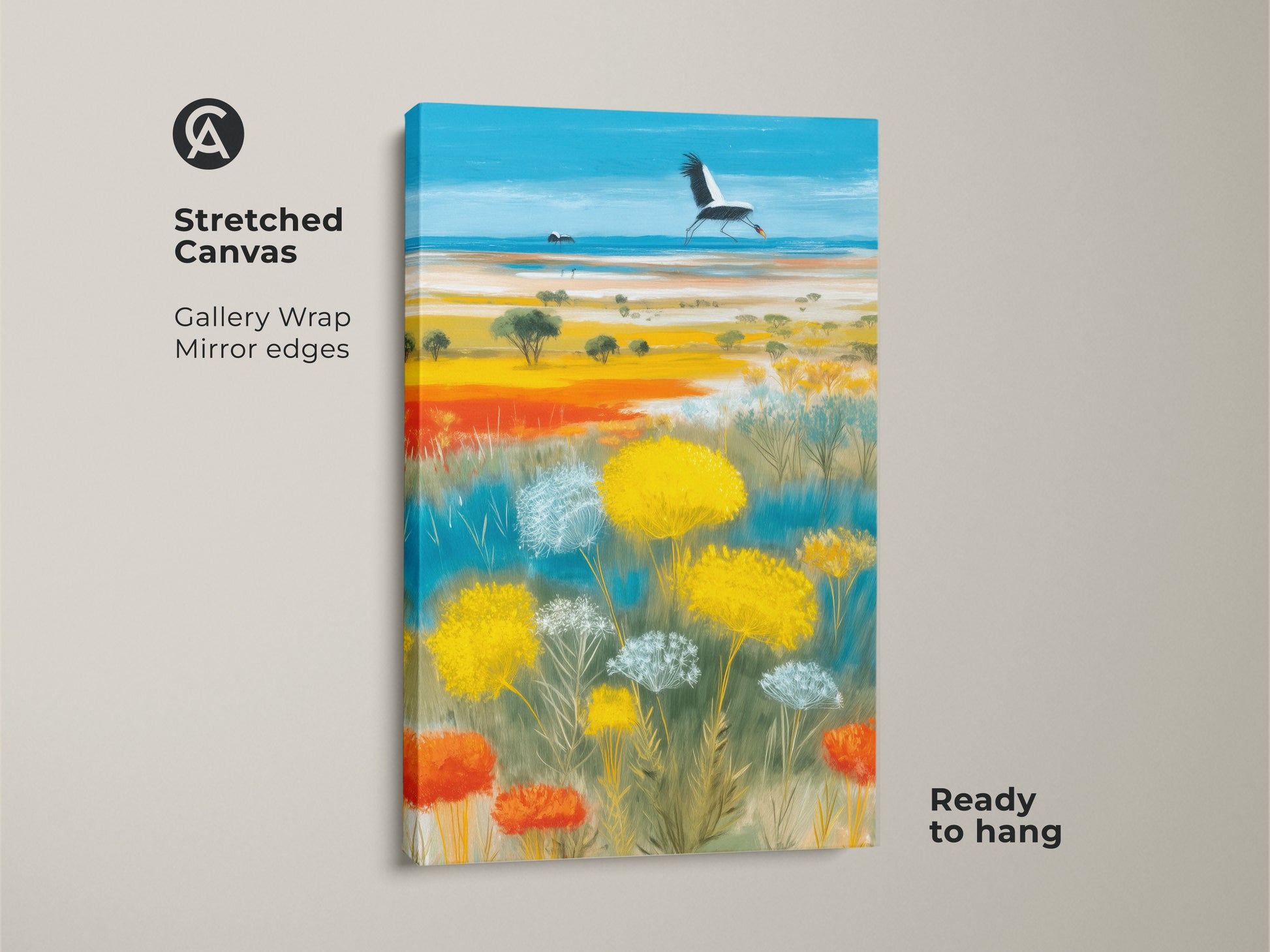 Stretched canvas of a boho wildflower landscape print. The artwork features a crane in flight with sky blue and golden yellow accents. Ready to hang with gallery wrap and mirror edges. Ideal as nature wildlife wall art. It will bring vibrant charm to any space. Great as a housewarming gift.