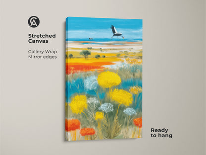 Stretched canvas of a boho wildflower landscape print. The artwork features a crane in flight with sky blue and golden yellow accents. Ready to hang with gallery wrap and mirror edges. Ideal as nature wildlife wall art. It will bring vibrant charm to any space. Great as a housewarming gift.