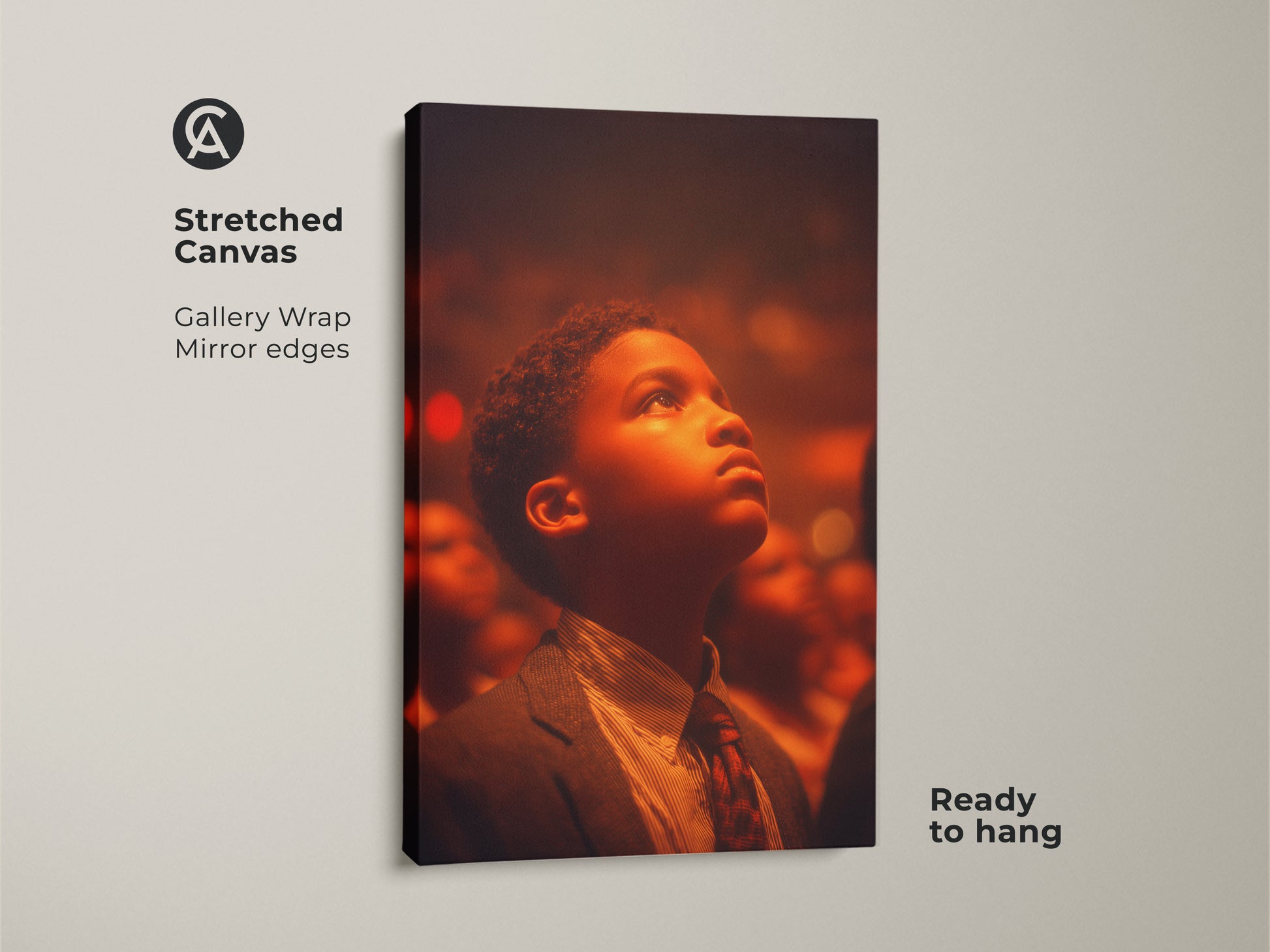 Stretched canvas art featuring a young boy gazing upwards. The gallery wrap has mirrored edges. This piece is ready to hang. The warm tones create a hopeful atmosphere.