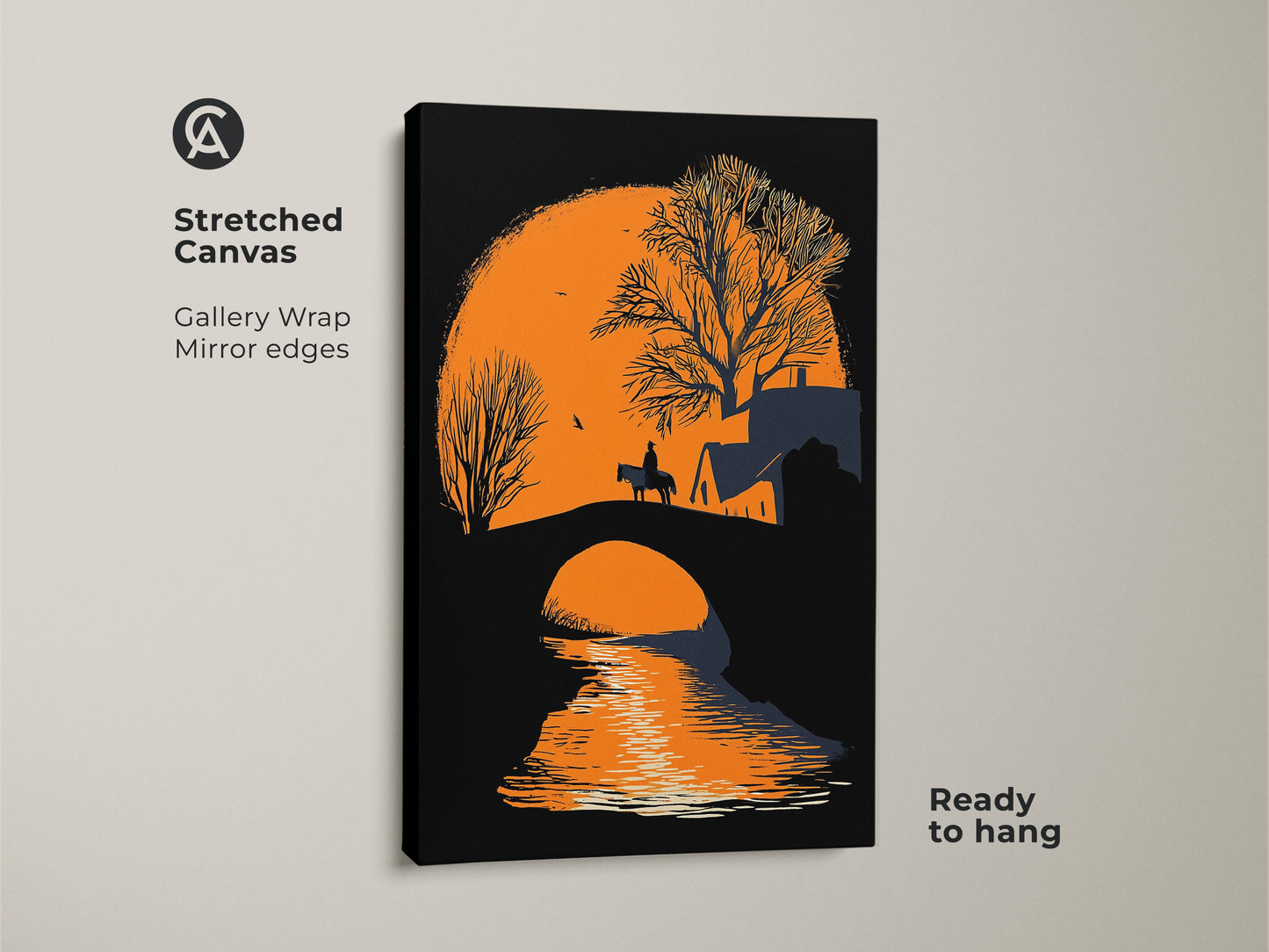Stretched canvas art of a minimalist horse rider silhouette on a bridge. Gallery wrapped with mirror edges. This nature wall artwork is ready to hang. The orange sunset landscape print adds a modern touch to any space.
