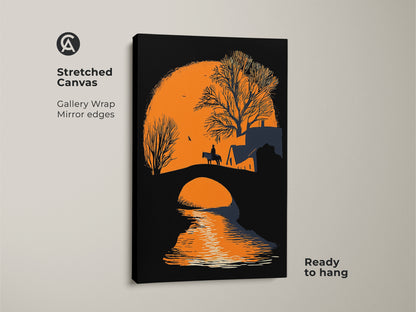 Stretched canvas art of a minimalist horse rider silhouette on a bridge. Gallery wrapped with mirror edges. This nature wall artwork is ready to hang. The orange sunset landscape print adds a modern touch to any space.