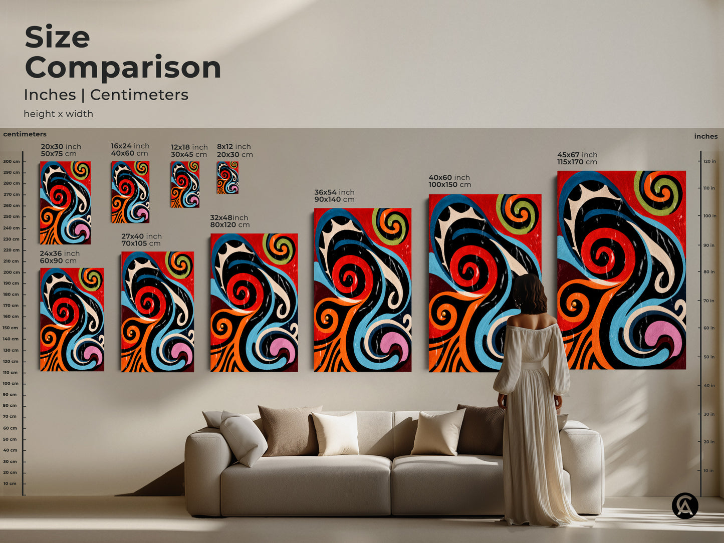 Size comparison of retro swirl art in inches and centimeters. Displayed over a couch this colorful abstract canvas artwork comes in various sizes. It features geometric shapes and bold primary colors. It will complement any eclectic home decor style for office or living room.