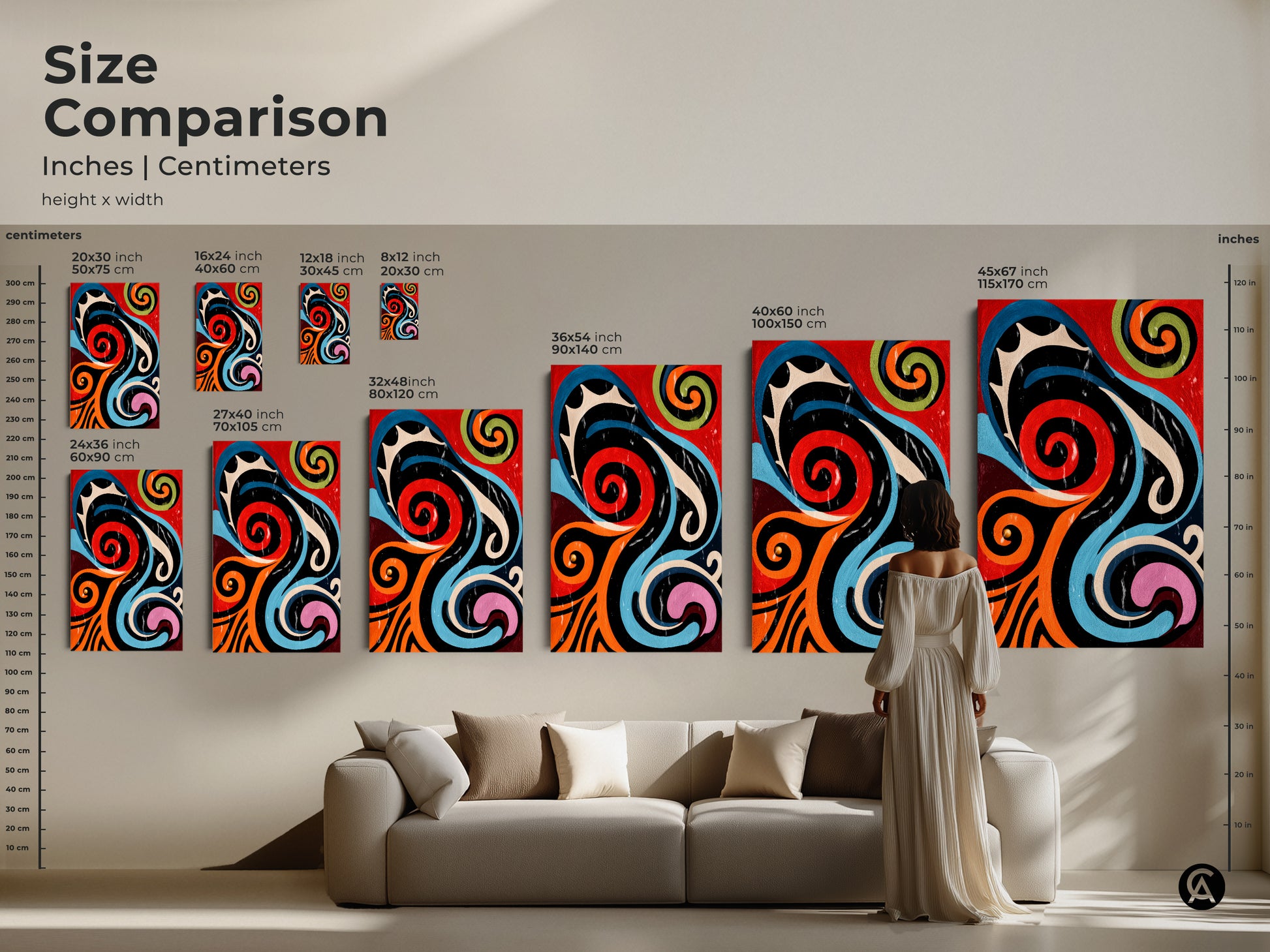 Size comparison of retro swirl art in inches and centimeters. Displayed over a couch this colorful abstract canvas artwork comes in various sizes. It features geometric shapes and bold primary colors. It will complement any eclectic home decor style for office or living room.