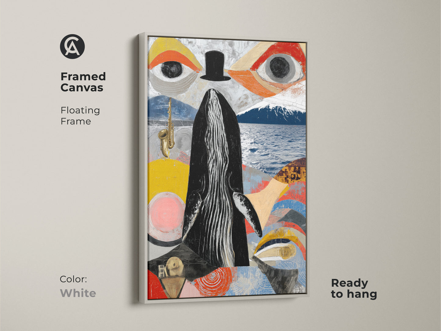 Framed canvas with a floating frame in white showcasing a surreal whale saxophone print. This eclectic abstract collage art features black red yellow tones. It is ready to hang. Ideal as study room office art and a modern eclectic art print. Its unique design enhances any wall.