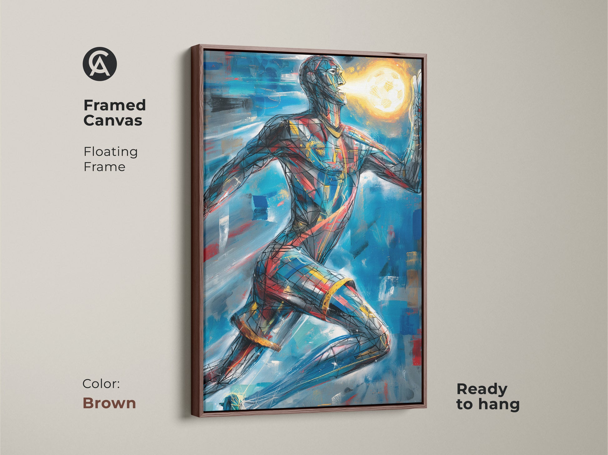 Framed canvas showcasing abstract geometric runner art. The brown floating frame complements the blue red gold tones. This modern art print is ready to hang. Add a touch of color with this athletic figure art.