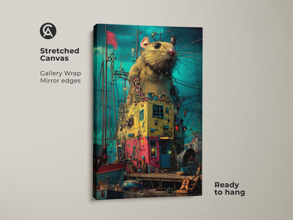 Stretched canvas print of a steampunk rat in a surreal harbor scene. Gallery wrapped with mirrored edges. Ready to hang. This artwork is a unique blend of animal art and nautical themes. The canvas adds an imaginative touch to any room.