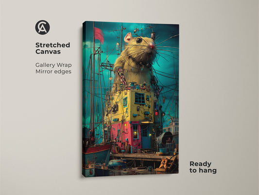 Stretched canvas print of a steampunk rat in a surreal harbor scene. Gallery wrapped with mirrored edges. Ready to hang. This artwork is a unique blend of animal art and nautical themes. The canvas adds an imaginative touch to any room.