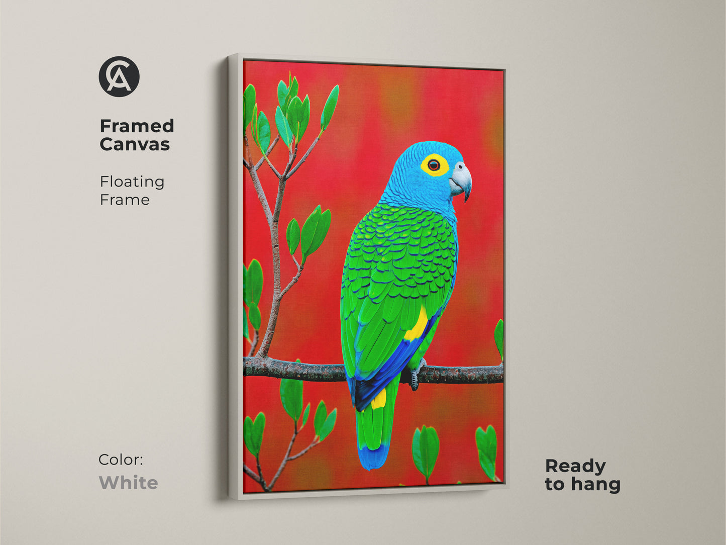 Brighten your living space with this white framed canvas featuring a blue green parrot. Its realistic tropical bird art adds a touch of nature to any wall. An elegant and vibrant addition to eclectic home decor.
