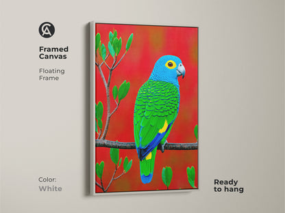 Brighten your living space with this white framed canvas featuring a blue green parrot. Its realistic tropical bird art adds a touch of nature to any wall. An elegant and vibrant addition to eclectic home decor.