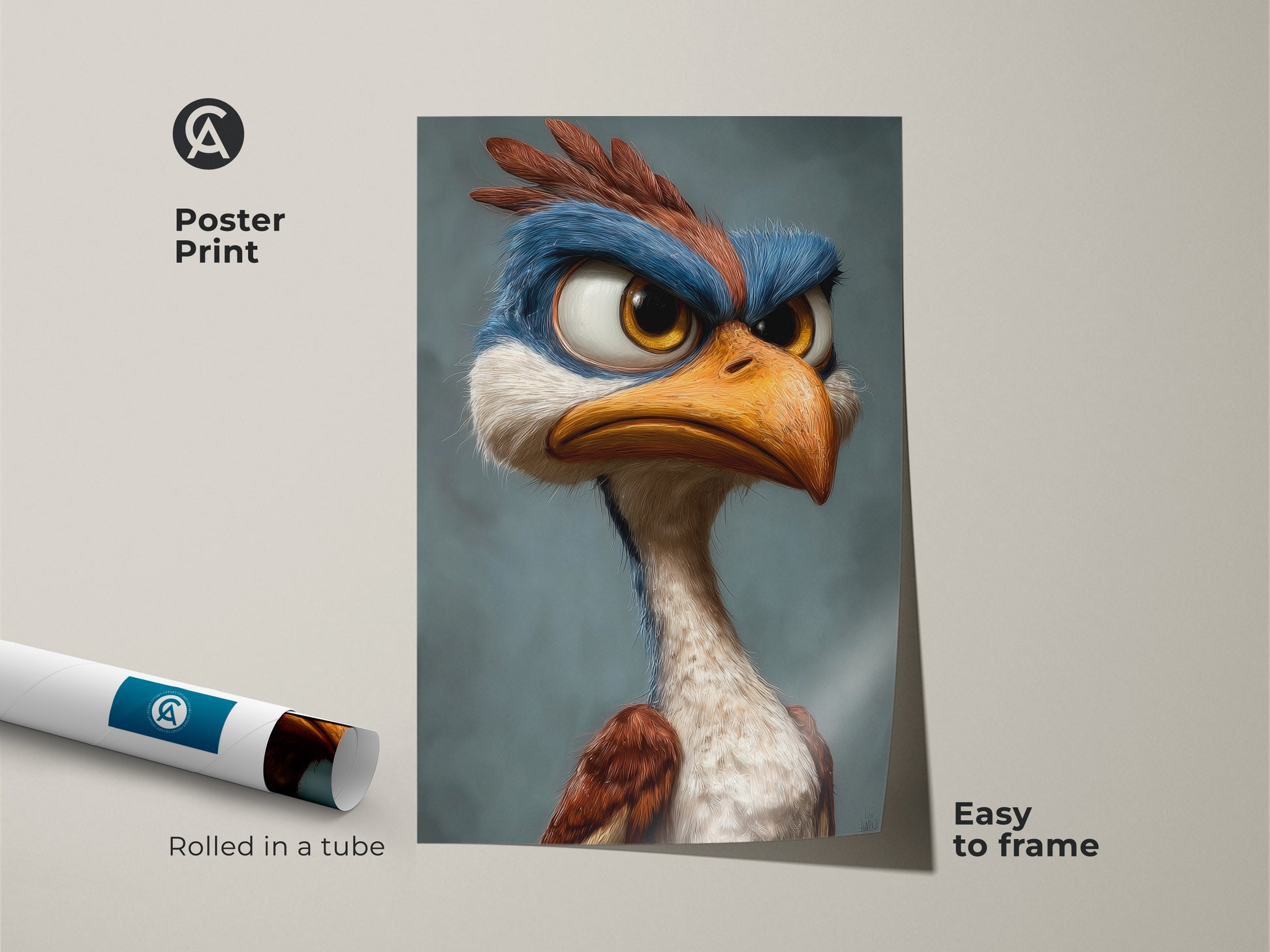 Poster print of a cartoon bird art piece. Rolled in a protective tube for easy framing. The bird is depicted with vibrant colors and an amusingly stern look.  A fun and unique addition to your wall art.
