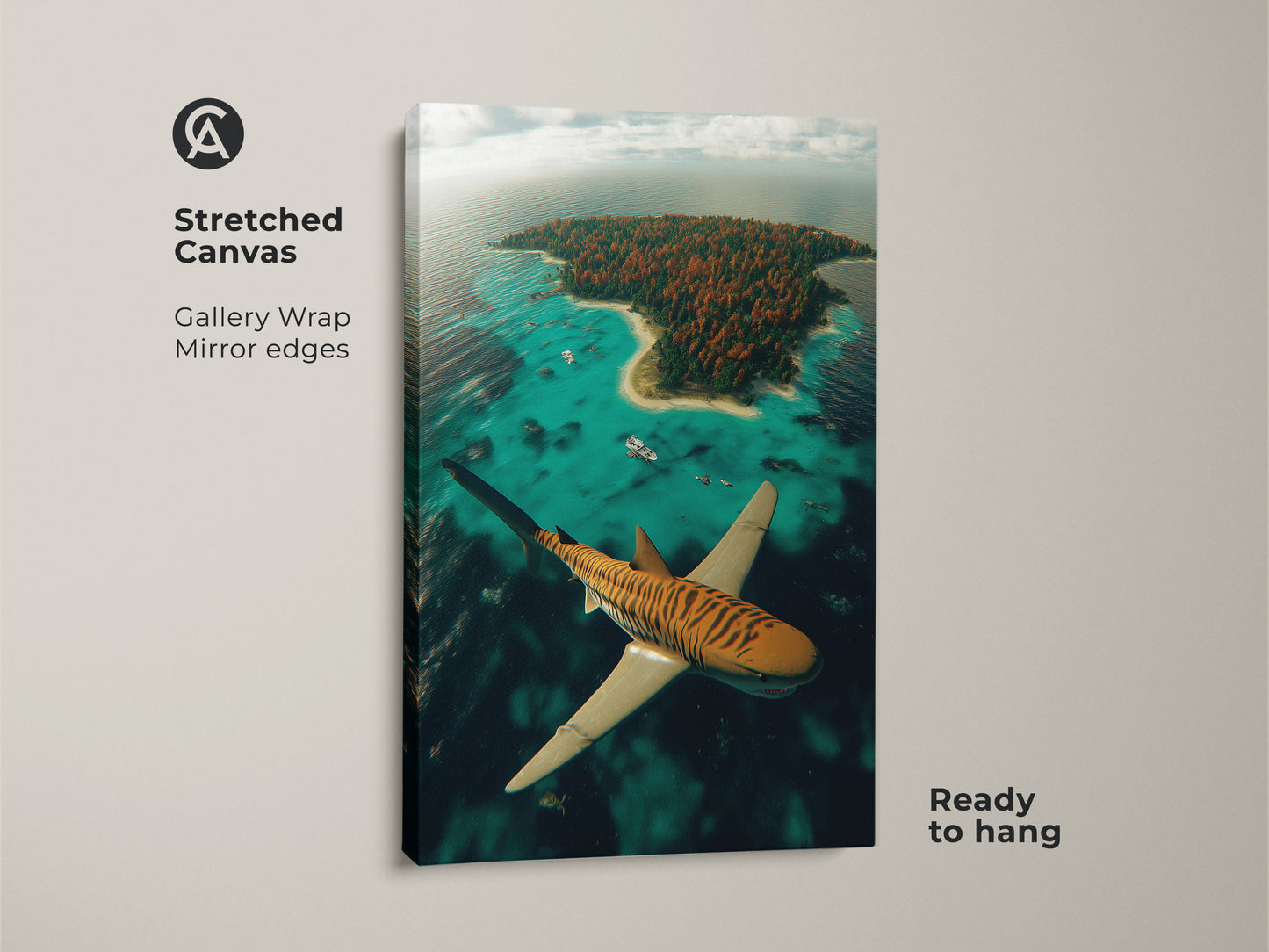 This is a stretched canvas print of a surreal tiger shark flying over a tropical island. It is ready to hang. The gallery wrap and mirror edges add a professional touch. This ocean aerial view wall art brings an adventurous vibe to any room.