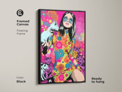 This framed canvas features a floating black frame enhancing the psychedelic pop art. The artwork displays a woman with cats in retro style. Ready to hang this piece adds vibrant color to any wall decor.